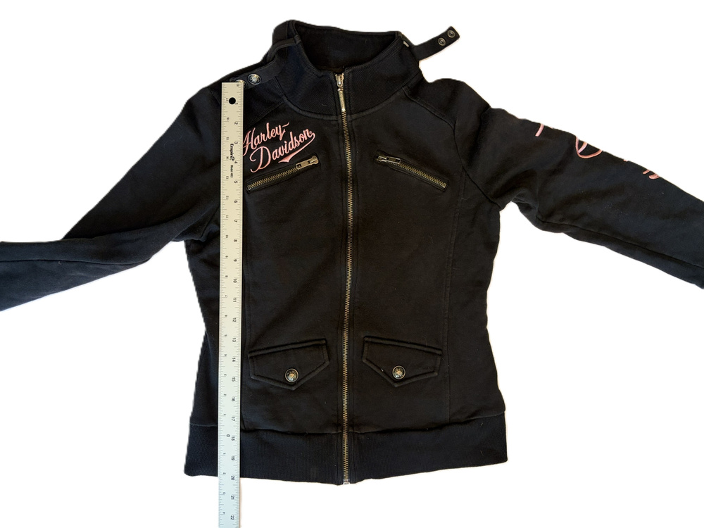 Harley Davidson Zip Up Jacket Black Pink Embroidered Womens Size Small - Picture 2 of 8